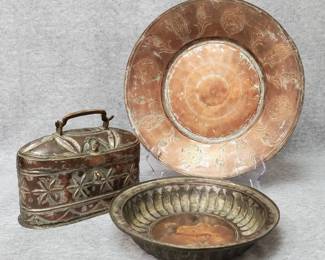 Antique Copper Finish Engraved Platter, Bowl, Cricket Box