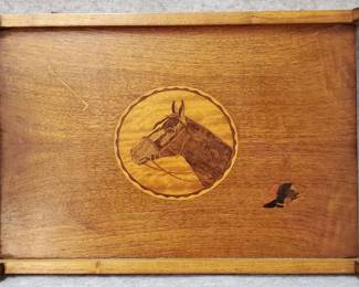 Vintage Wooden Marquetry Horse Themed Portrait Tray