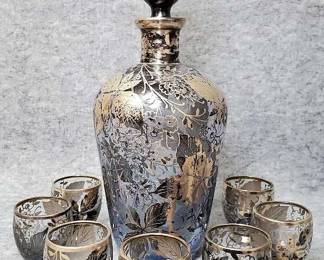 Venetian Blue Glass Silver Overlay Cordial Set