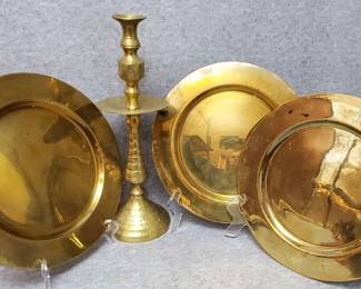 Vintage Indian Brass Charger Plates, and Brass Candle Holder