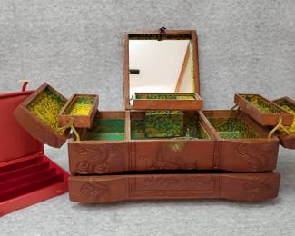 Vintage Asian Carved Wood Jewelry Chest
