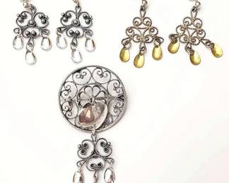 Marcasite Chandelier Pin and Earrings 850S
