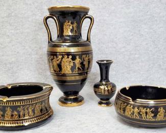 Greek Hand Painted 24k Gold Detailed Ashtrays, Vases
