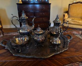 SILVER PLATE HAND CHASED REED & BARTON TEA SET WITH TRAY