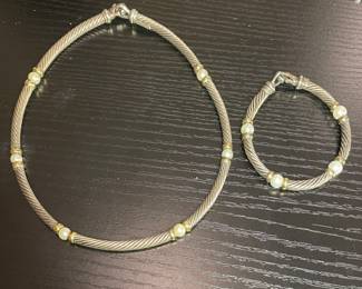 David Yurman 14k Gold & Sterling Silver White Pearl Cable Necklace & Bracelet