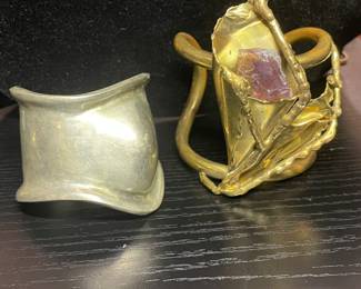 Statement cuff bracelets, Brutalist gold tone & Mexico stamp silver cuff 