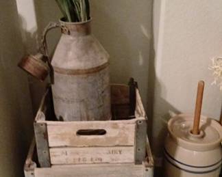 Milk Can and Crates with Butter Churn
