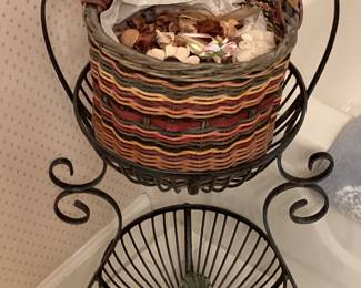 Wicker Basket in Wrought Iron Plant Stand