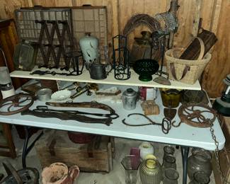 LOTS OF ANTIQUE MISC. IRON, BASKETS, WELL PULLEYS - ZOOM IN AND LOOK!