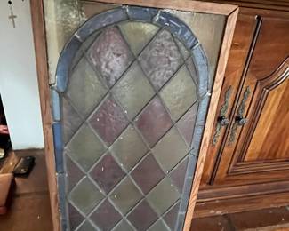Antique stained, leaded glass panel
