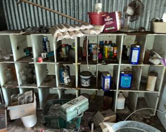 Long wooden shelf unit full of stuff!