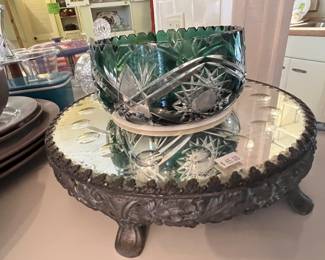 Antique emerald cut glass bowl and cut glass stand