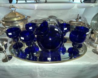 Cobalt glass ball pitcher & goblets