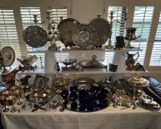 Silverplate & metalware serving trays, cruet set, chafing pans, candelabras and more!