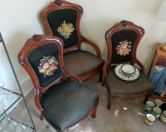 victorian parlor chairs, matching set of 3. one larger than the other 2.