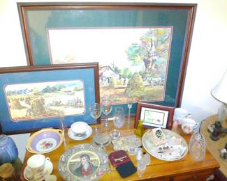 artwork/singer sewing machine console/cabinet and even more glassware, some decorative, some more utilitarian.