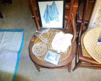 in addition to 6 piece of matched cane dining chairs, there are a wide assortment of other caned chairs in a wide variety of conditions.