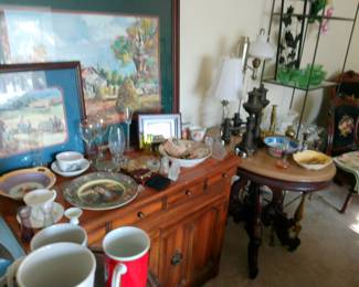 victorian marble top table, late 50s-60s sewing console desk. does work with modern machines, though the flip top needs a small repair to stand alone without the machine mounted. tons more oil lamps, matched pair has documentation with organ/melodion paperwork and reeds. artwork depicting alabama peanut farmers/harvest seasons, etc.
