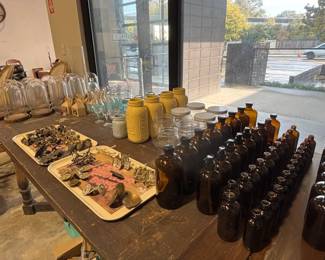 Glassware, Mason jars, glass cloches with wood bases, drawer hardware, tons of amber glass bottles (all sizes)