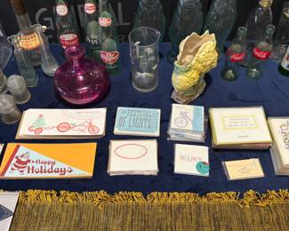 Vintage glassware, bottles, "Strong Shoulders" Mason jars, Christmas and holiday cards