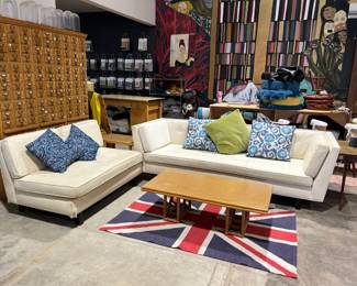 Sectional sofa, pillows, coffee tables, Union Jack rug 
