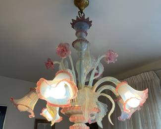 1950s - 1960s Vintage Venetian Murano Glass Chandelier decorated with Pink Flowers
