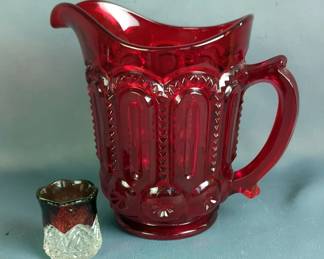 Weishar Ruby Red Pressed Glass Pitcher, And Ruby Red Souvenir Pressed Glass Toothpick Holder