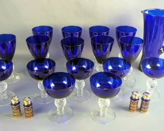 Morgantown Cobalt Ritz Wine Goblets, Champagne Glasses, Pitcher, And Leonard Cobalt Blue Salt & Pepper Shakers, Total Qty 21