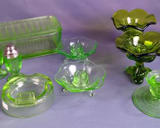 Uranium Glass Ashtray, Salt & Pepper Shakers, Candleholders, Qty 3, And Refrigerator Dish, And Green Glass Candle Stands, Qty 2, Total Qty 9
