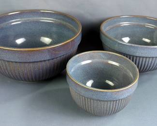 Ribbed Pottery Nesting Mixing Bowls, Qty 3, 11", 9" And 6.5" Diameters