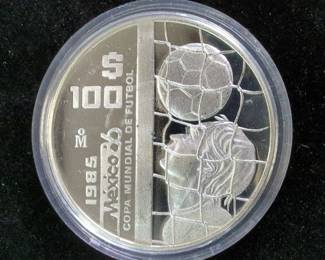 1985 Mexico FIFA World Cup 1986 Futbol (Soccer) 100 Pesos Coin, Believed To Be 1 oz .925 Sterling Silver