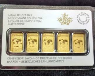 2015 Royal Canadian Mint $25 5-Bar Set, Each Bar Is 1/10 Oz .9999 Gold 