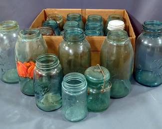 Blue Colored Glass Jars, Various Brands, Styles, And Sizes, Qty 20, Some Have Lids