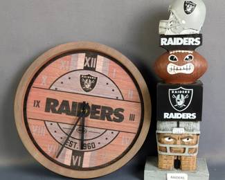 Oakland Raiders Tiki-Tiki-Totem, 15" Tall, And Oakland Raiders Wall Clock 