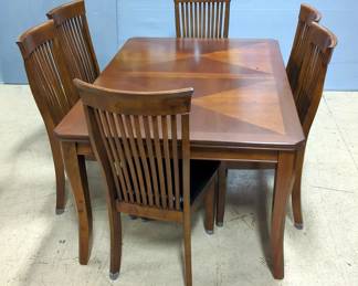 Wood Dining Room Table, 30" x 60" x 42", With 6 Matching Leather Cushioned Chairs, 41" x 20" x 18"