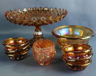 Carnival Glass Dishes, Includes Westmorland Sawtooth Pedestal Bowl, Dugan Marigold Wreath Of Roses Cup, Imperial Marigold Bowl And Custard Dishes, Total Qty 9 