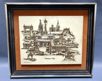 Framed Etched Marble Tile Of Kansas City, Numbered 117/2500, 12" x 14" 