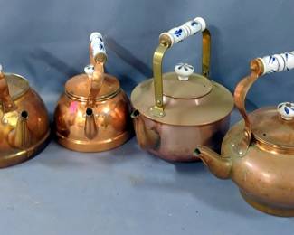 Copper Tea Kettles With Porcelain Handles, Qty 4, Various Sizes 