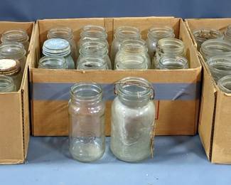 Glass Jar Assortment, Various Brands, Styles, And Sizes, Approx Qty 38, Some Have Lids 