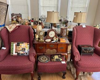 pair of wing chairs, lowboy and footstool