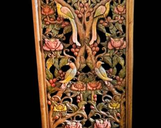 Carved wood panel with birds 