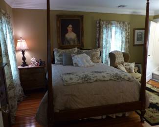 4 poster queen size bed with "like new" mattress & box spring, bedding, night table, framed decorative art