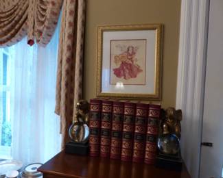 Elephant bookends, leather bound books, picture