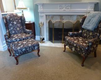 Pair of wing chairs, 1 with ottoman