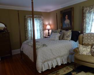 4 poster queen size bed with "like new" mattress & box spring, bedding, wing chair, framed decorative art