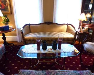 Ethan Allen Furniture, sofa, coffee table, side tables, chairs, corner curio cabinet