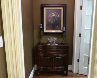 Chest, bric-a-brac, Thomas Kincade "Lilac Bouquet" painting