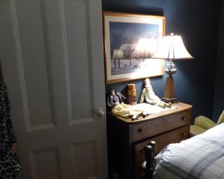 Oak dresser, picture, lamp