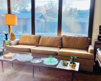 MCM Newly Re-Upholstered Sofa, Teak Coffee Table, Lamps, Side Tables