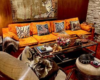 Mid Century Modern Sofa, Painting, Coffee Table, Bamboo Chairs